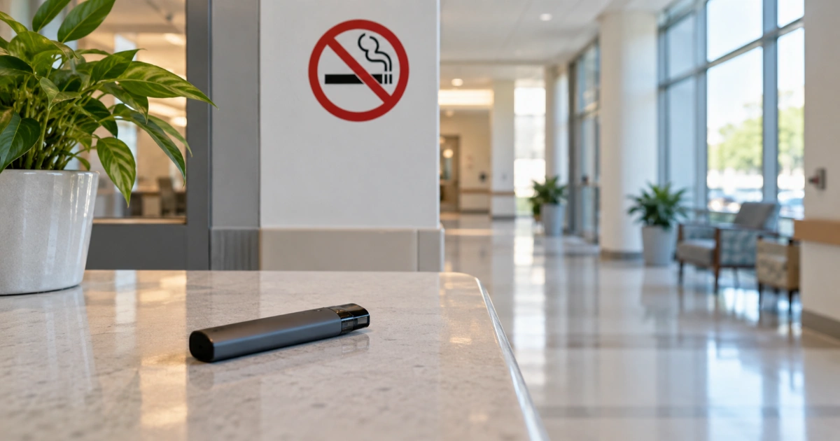 A vape device set aside in a modern public building, illustrating Alabama’s restrictions on vaping in enclosed public spaces.