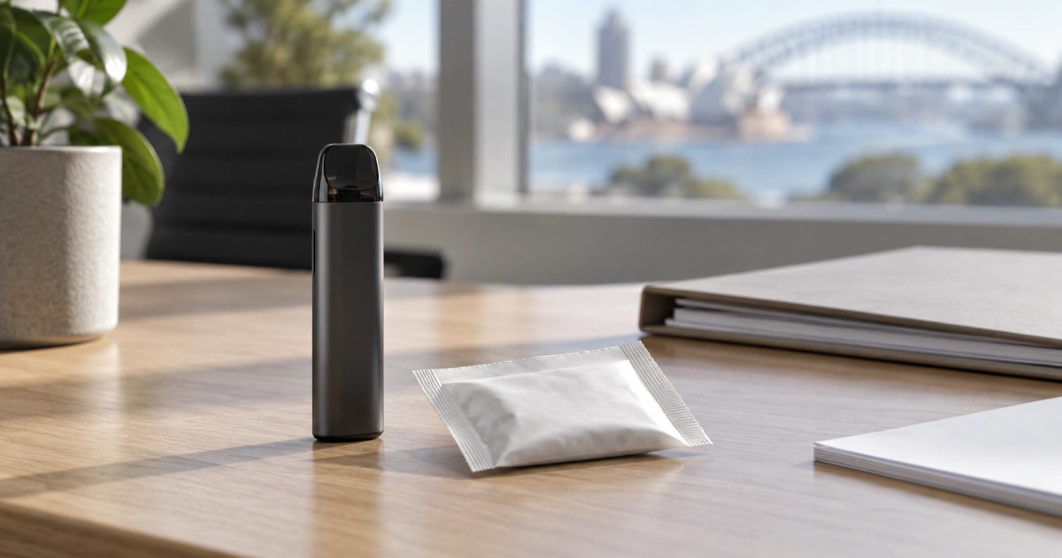 Unbranded vape device and oral pouch package in a neutral public-health setting.