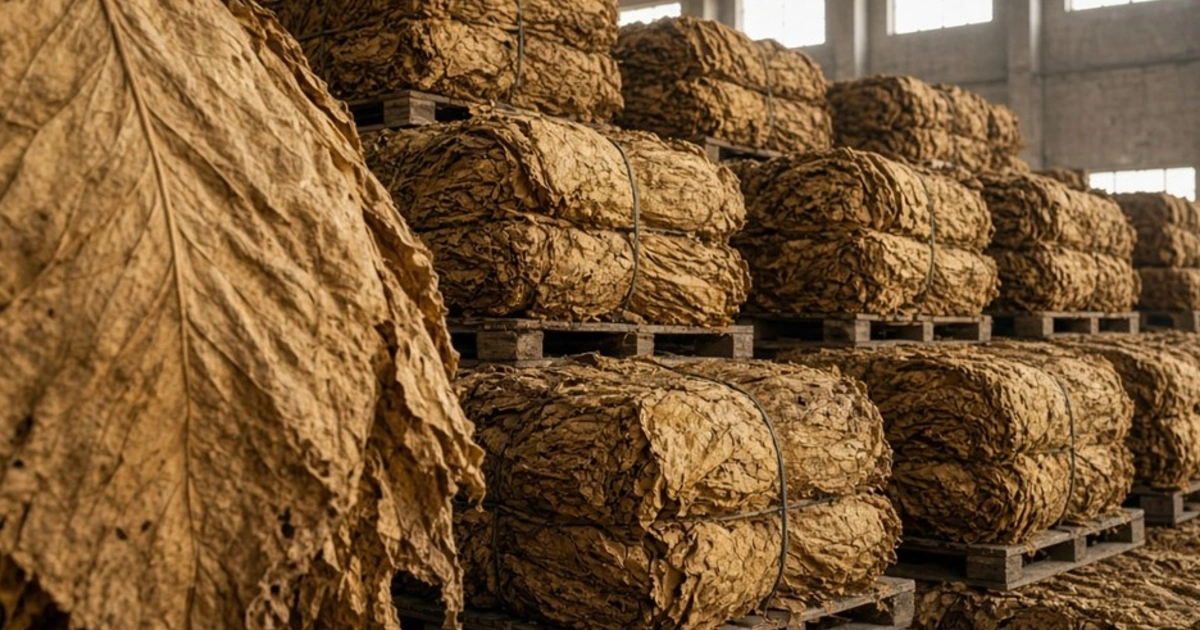 Stacked bales of dried tobacco leaves in a storage warehouse, with a damaged leaf in the foreground.