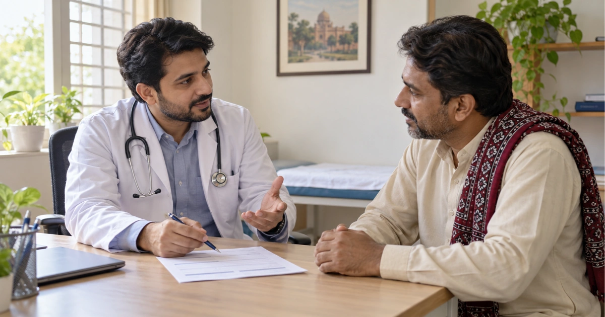 Clinician discussing a tobacco cessation plan with an adult patient in a healthcare consultation.