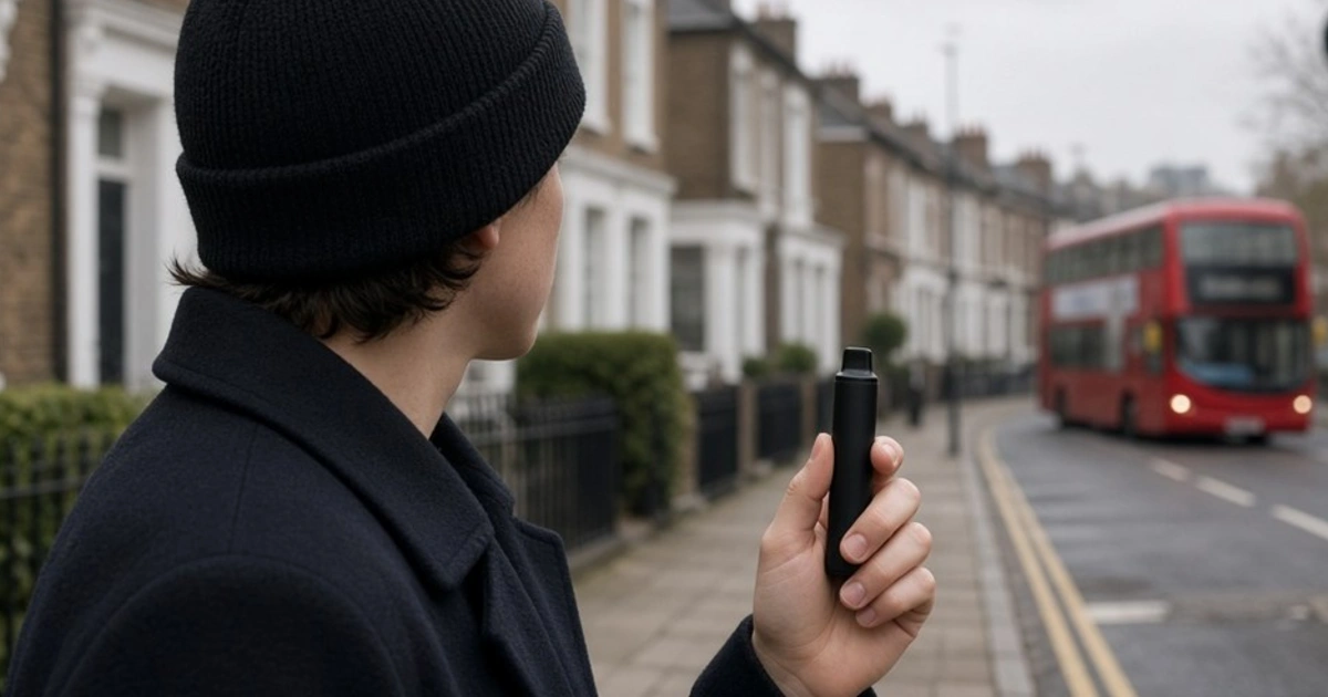 A young person holding a small e-cigarette on a British street with a red double-decker bus in the background.