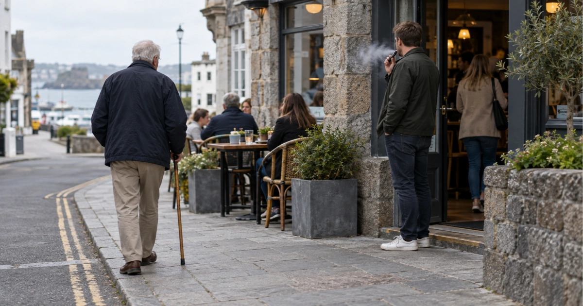 A person keeps distance from a faint cloud of vapour near an outdoor café seating area.