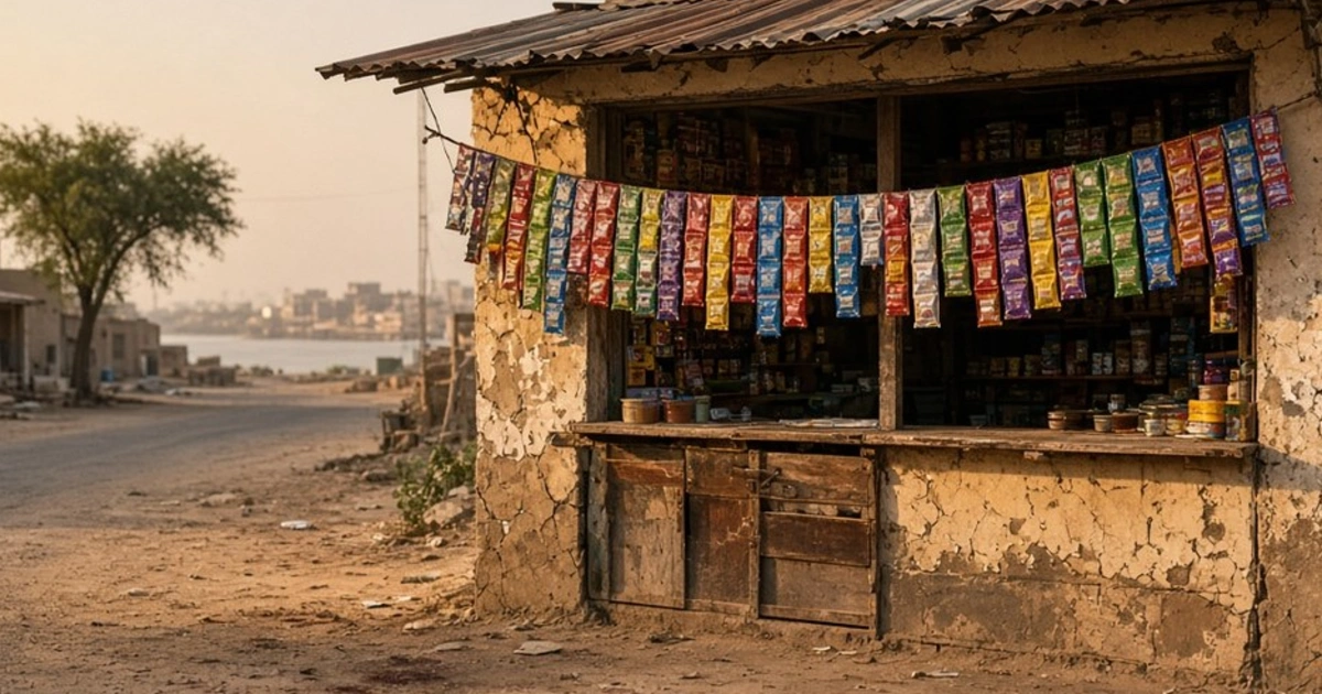 A small roadside shop in coastal Sindh with strips of colourful sachets hanging at the counter and red stains on the ground.