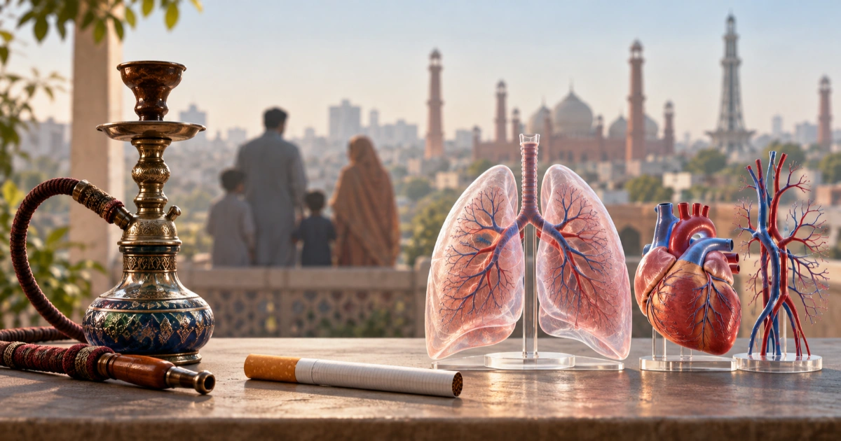 Editorial image showing tobacco products beside visual symbols of lung and heart health.