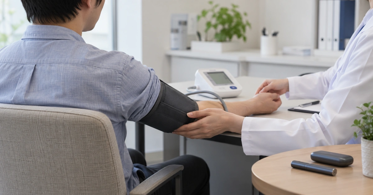A clinician checks an adult’s blood pressure in a Japanese health clinic.