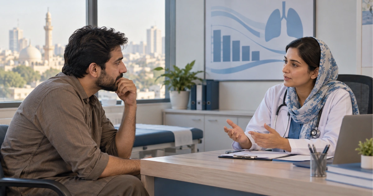 Healthcare professional discussing tobacco control and smoking cessation with an adult patient in Pakistan.