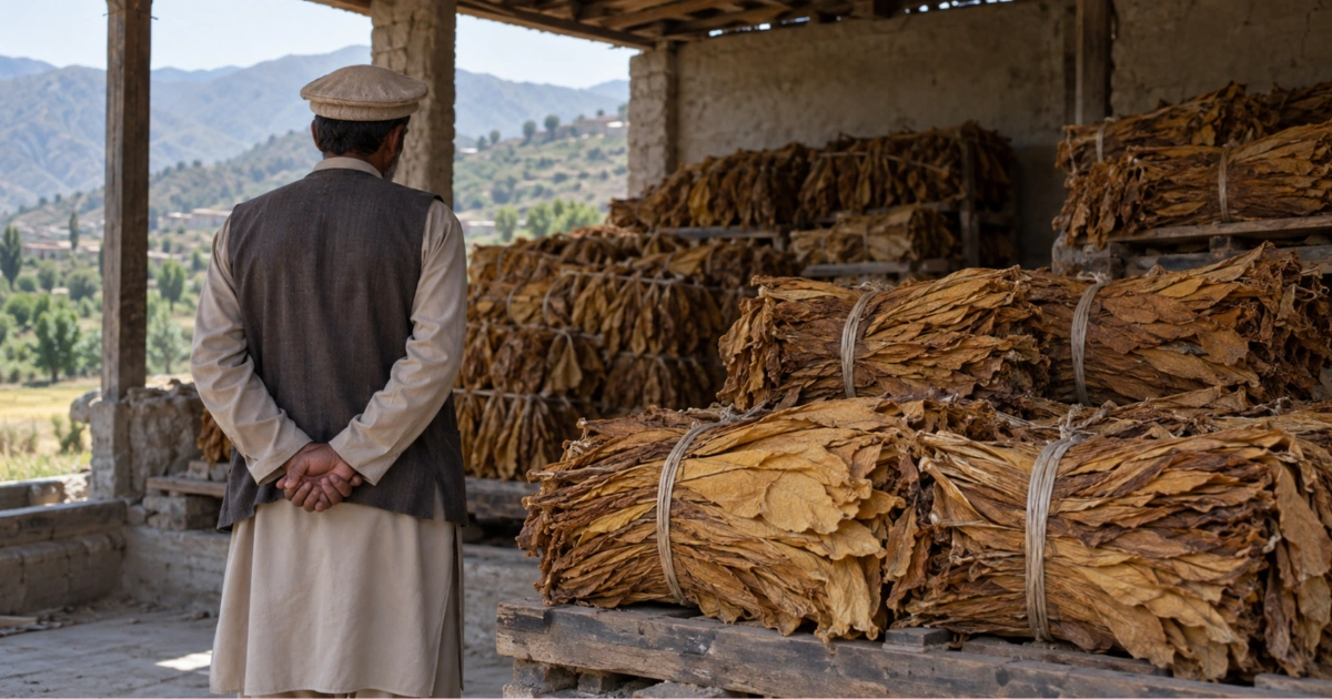 A farmer stands beside stacked cured tobacco leaves in a rural storehouse in Khyber Pakhtunkhwa.