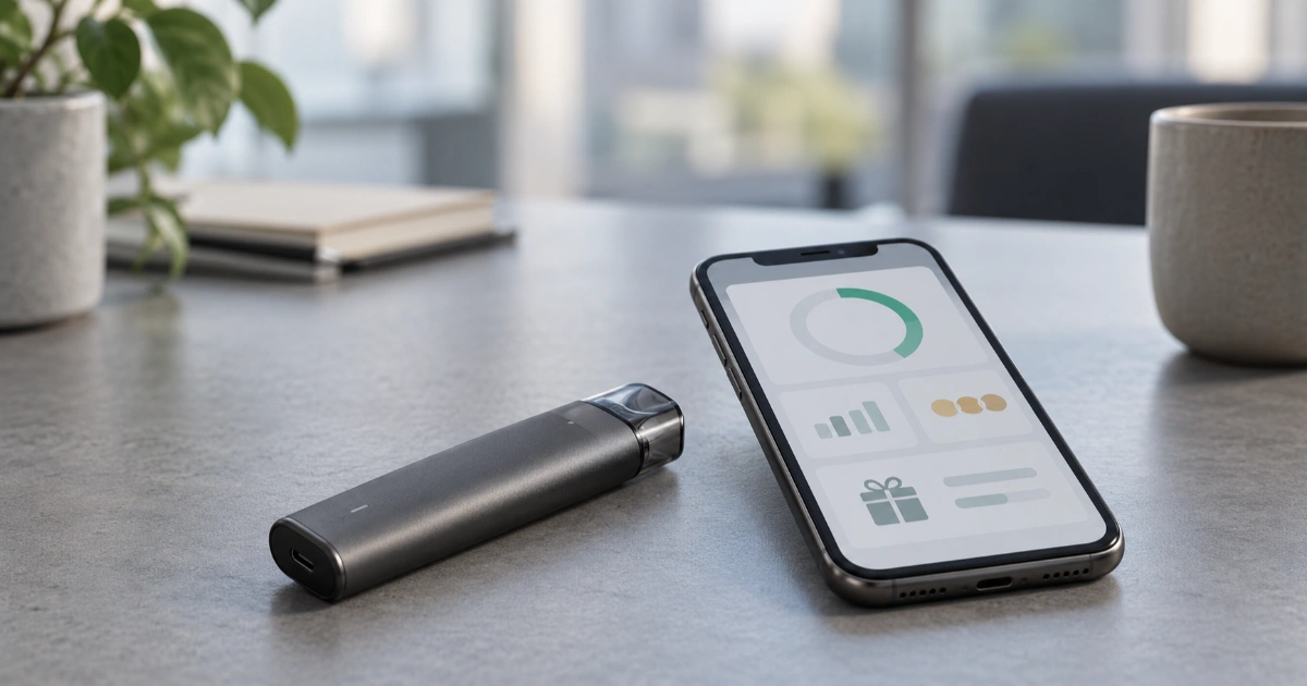 A vape device beside a smartphone with abstract digital reward symbols.