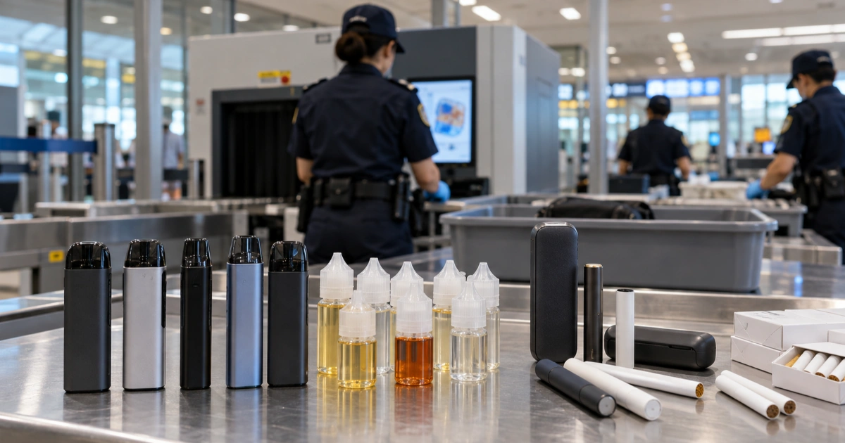 Taiwan customs officers inspecting seized e-cigarette devices, e-liquid bottles and heated tobacco product components.