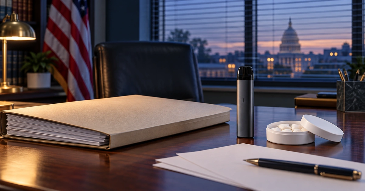 Unlabeled vaping device and nicotine pouch container beside regulatory documents on an office desk.