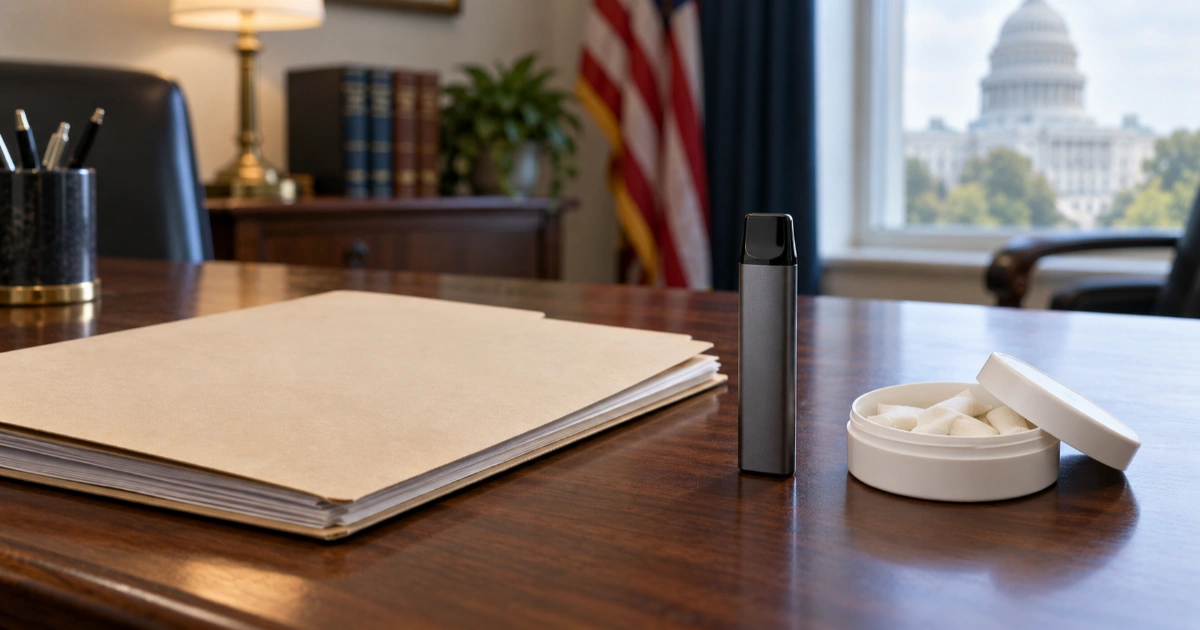 An unbranded vape device and nicotine pouch container beside a regulatory file on a desk.