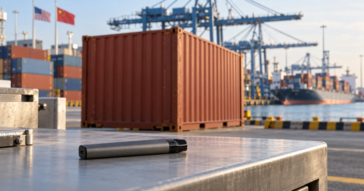 An unbranded vape device beside cargo containers at a port, representing concerns about illicit vape imports.