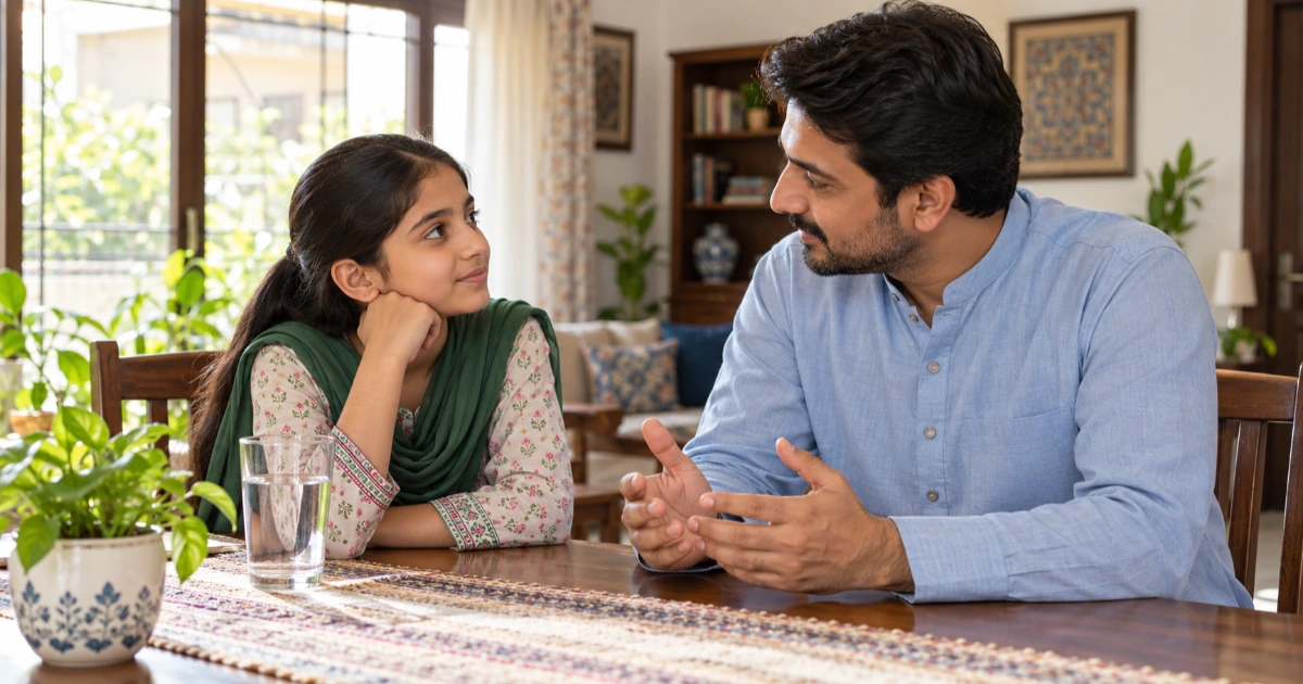 A parent and child having a supportive conversation in a smoke-free home in Pakistan.
