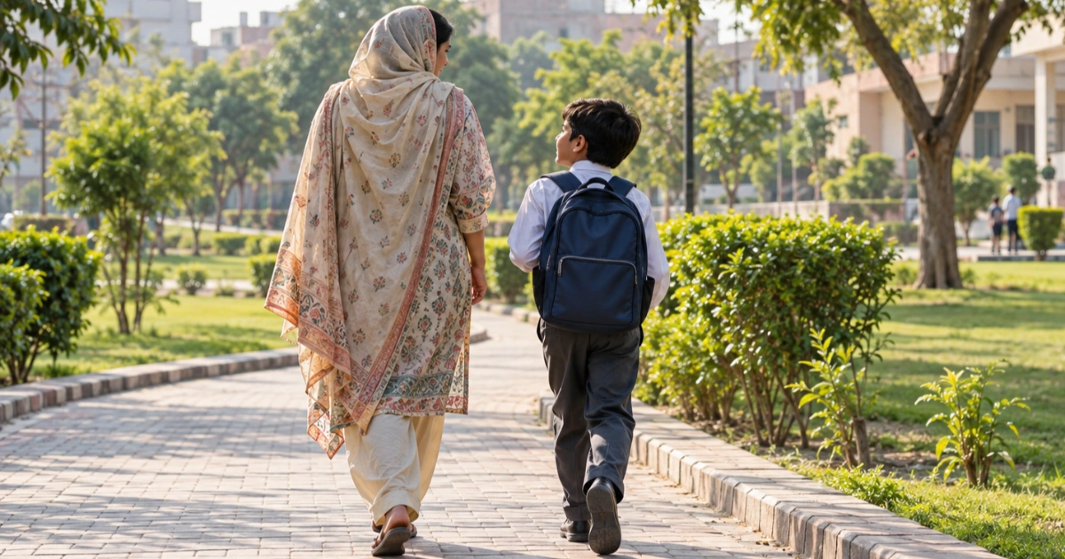 A child walking with a parent in a park, illustrating the importance of early heart-health habits.