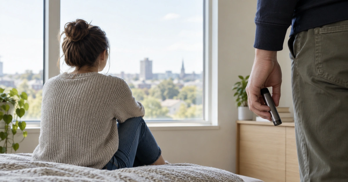 A vape device held near a young person in a neutral setting, illustrating concerns about youth vaping.